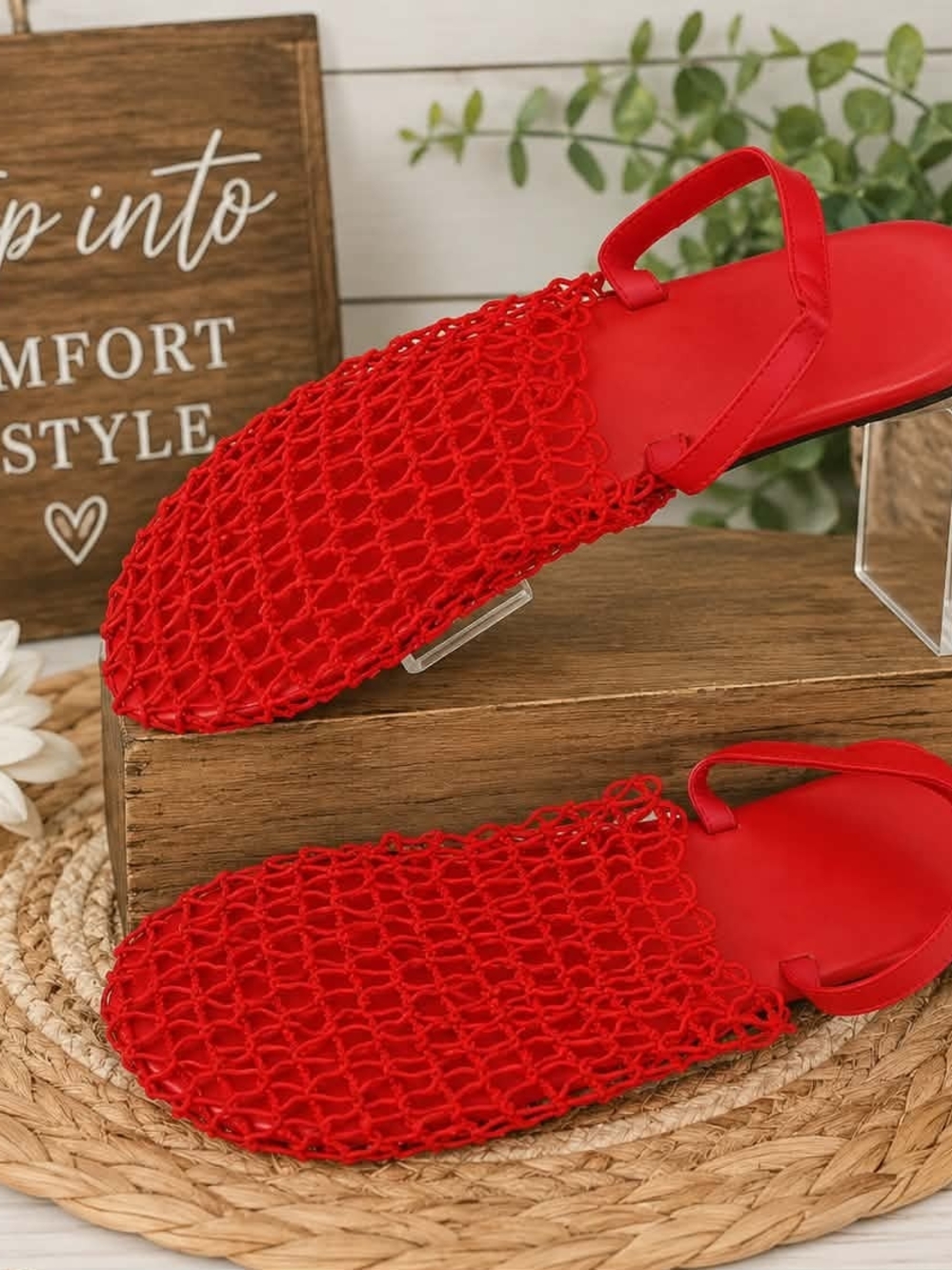 Women’s Red Knitted Slingback Flats - Stylish Summer Slip-Ons